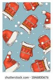Merry Christmas banner. New Year sticky label. Poster template. Hat, mittens and felt boots for vintage sticker Flyer or labels. Engraved hand drawn sketch 