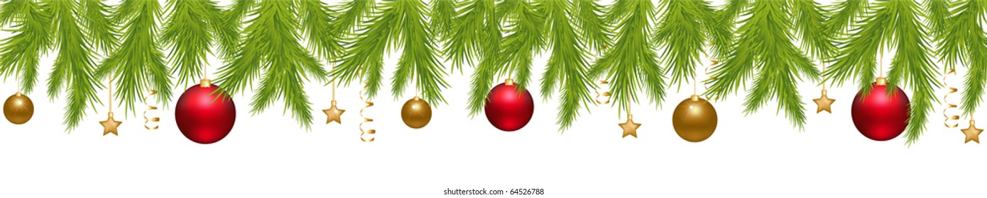 Merry Christmas Banner With New Year's Spheres, Stars, Streamer And Holly Berry, Isolated On White Background, Vector Illustration