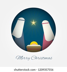 Merry Christmas banner with Nightly christmas scenery mary and joseph with baby Jesus vector design
