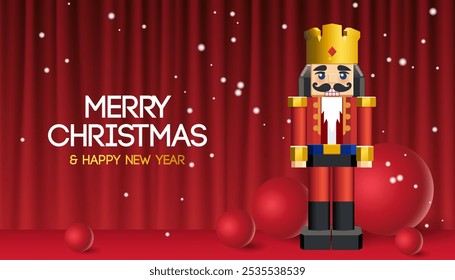 Merry Christmas banner with Nutcracker, Xmas balls, red stage curtains, snow,  festive decoration for Christmas and New Year, vector illustration