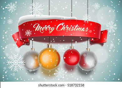 Merry Christmas. banner on background with snow and snowflakes. Greeting card. Vector illustration.