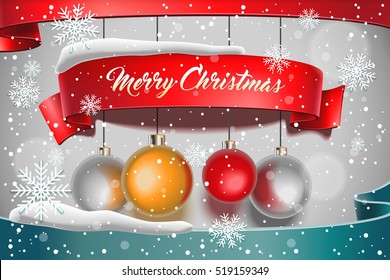 Merry Christmas. banner on background with snow and snowflakes. Greeting card. Vector illustration.