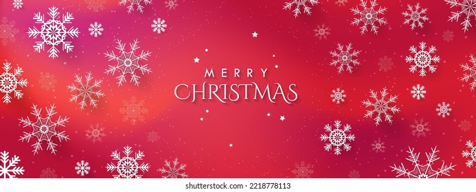 Merry Christmas Banner on beautiful red gradient background with 3d white snowflakes with shadows. Elegant Christmas Banner template. Editable Vector Illustration. EPS 10.