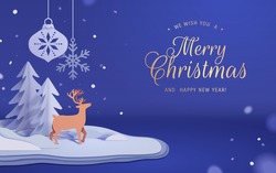 Merry Christmas Banner With Origami Christmas Tree, Reindeer And Snow Flake Decoration. 3d Paper Art And Digital Craft Style On Blue Night Background.