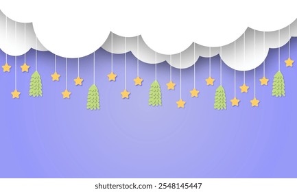 Merry christmas  banner with origami Christmas tree  vector design. Christmas paper cut clouds Vector illustration paper cut greeting card 3d paper art and digital craft style