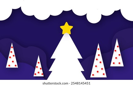 Merry christmas  banner with origami Christmas tree  vector design. Christmas paper cut clouds Vector illustration paper cut greeting card 3d paper art and digital craft style
