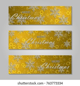 Merry Christmas banner with origami white snowflake. Festive Xmas and New Year collection on gold background.