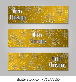 Merry Christmas banner with origami white snowflake. Festive Xmas and New Year collection on gold background.