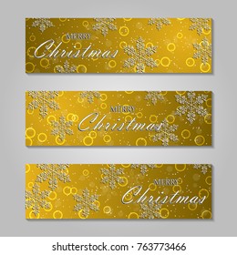 Merry Christmas banner with origami white snowflake. Festive Xmas and New Year collection on gold background.