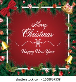 Merry Christmas banner with christmas ornament, green pine branches on red background - Vector illustration.