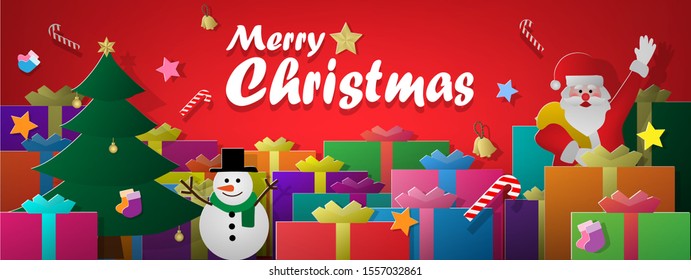 The Merry Christmas banner paper cut style background picture of the 
Santa Claus and Snow man with many gift boxes in the night of celebration. ( vector )