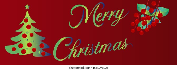Merry Christmas banner, Christmas party with green berry decorated Christmas tree.Holly red berry. Horizontal Christmas posters, greeting cards, headlines, website. Vector illustration.