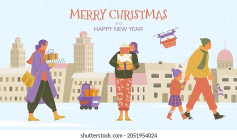 Merry Christmas banner with people walking holding gifts. winter city at the background flat vector illustration.
