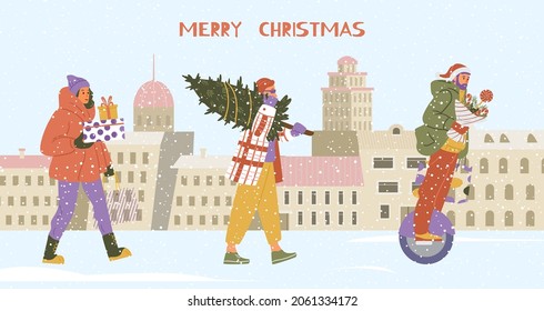 Merry Christmas banner with people walking and riding mono wheel holding gifts. winter city at the background flat vector illustration.