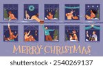 Merry Christmas banner with people in windows celebrating flat vector illustrations. House front with neighbors and their pets in windows communicating. Pouring champagne, giving gift, reading book