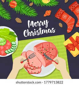 Merry Christmas Banner, Person Eating Festive Dinner with Fork and Knife View from Above Flat Vector Illustration