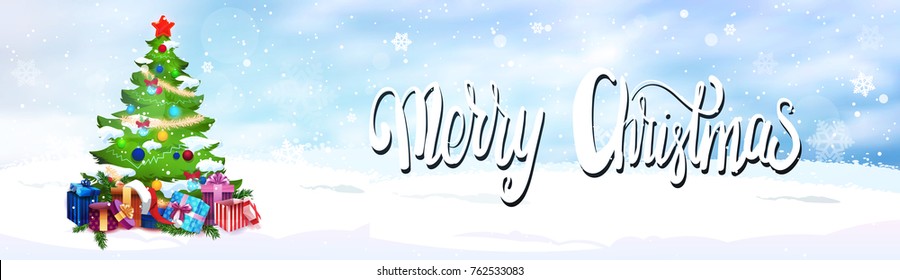 Merry Christmas Banner Pine Tree Decorated Wtih Colorful Balls Over Snowfall Background Flat Vector Illustration