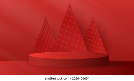 Merry Christmas banner with podium platform and christmas tree on red background. Happy new year stand to show product for christmas