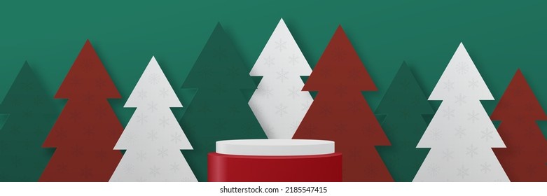 Merry Christmas banner with podium platform and christmas tree on green background. Happy new year stand to show product for christmas