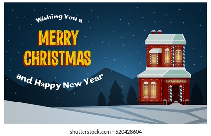 Merry Christmas Banner, post-card Christmas landscape, Christmas House, ,Cartoon illustration