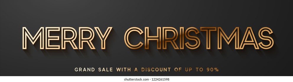 Merry Christmas Banner, poster, logo golden color on black background.