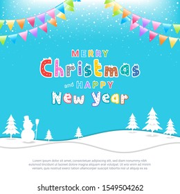 Merry Christmas banner poster template with festive elements; snowman, pine tree