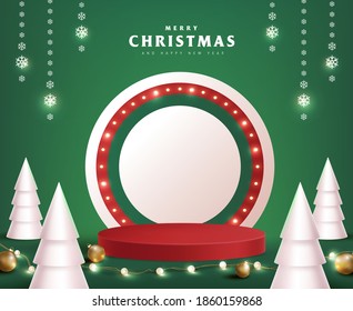 Merry Christmas banner with product display cylindrical shape and festive decoration for christmas