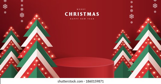 Merry Christmas banner with product display cylindrical shape and christmas tree lighting