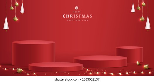 Banner de Feliz Natal com formato cilíndrico de exibição de produto 