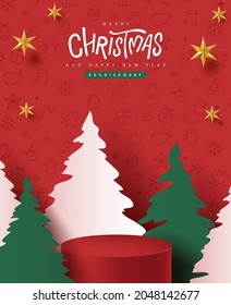 Merry Christmas banner with product display cylindrical shape and christmas tree paper cut style