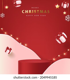 Merry Christmas banner with product display cylindrical shape and festive decoration for christmas