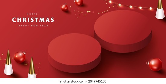 Merry Christmas banner with product display cylindrical shape and festive decoration for christmas