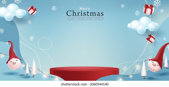 Merry Christmas banner with product display cylindrical shape and festive decoration for christmas