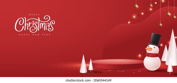 Merry Christmas banner with product display cylindrical shape and festive decoration for christmas