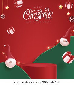 Merry Christmas banner with product display cylindrical shape and festive decoration for christmas