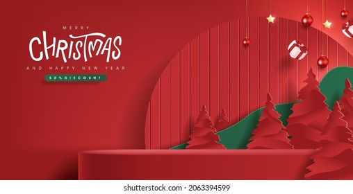 Merry Christmas banner with product display and festive decoration for christmas red background