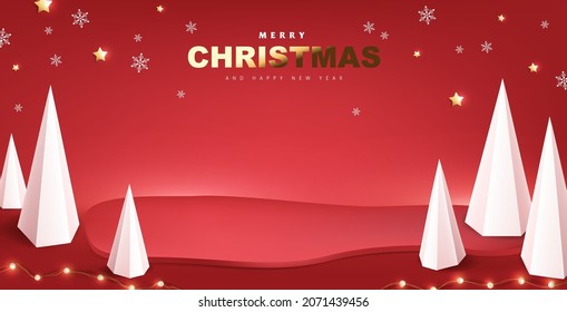 Merry Christmas banner with product display and festive decoration for christmas