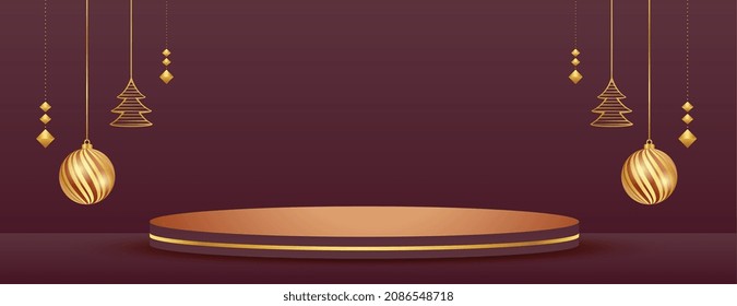 merry christmas banner with product display podium and xmas elements