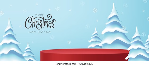 Merry Christmas banner with product display cylindrical shape and christmas tree landscape