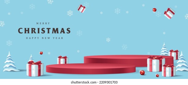 Merry Christmas banner with product display cylindrical shape and gift box red bow decoration