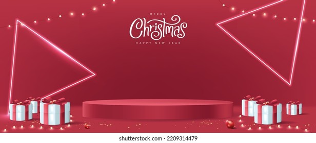 Merry Christmas banner with product display cylindrical shape and gift box red bow decoration red background