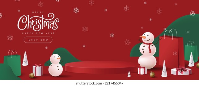 Merry Christmas banner with product display cylindrical shape and winter holiday composition, Christmas and New Year background