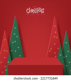 Merry Christmas banner with product display table and Artificial Christmas Trees backdrop