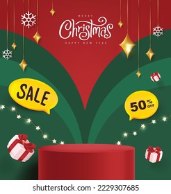 Merry Christmas banner with product display cylindrical shape and festive decoration for christmas