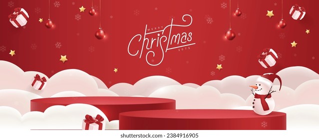 Merry Christmas banner with product display cylindrical shape and festive decoration for christmas and happy new year promotion banner