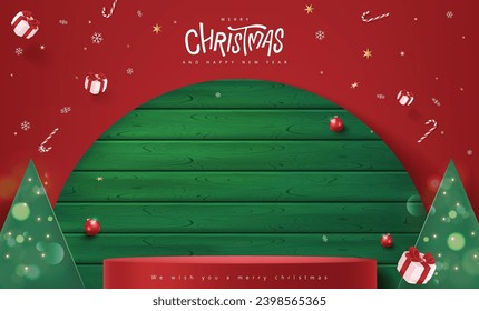 Merry Christmas banner with product display cylindrical shape and green wood frame backdrop and festive decoration for christmas