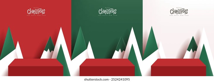 Banner Feliz Natal com mesa de exibição de produto e pano de fundo Árvores de Natal Artificiais