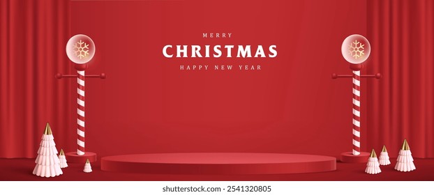 Merry Christmas banner with product display cylindrical shape 