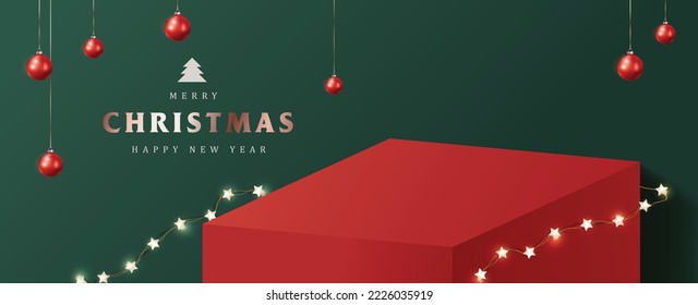 Banner navideño con presentación de mesa de productos y decoración festiva para navidad