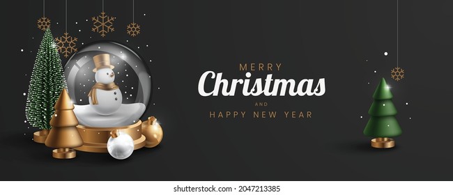 Merry Christmas banner with realistic christmas ornament. Xmas snowman, tree and bell. Vector illustration.